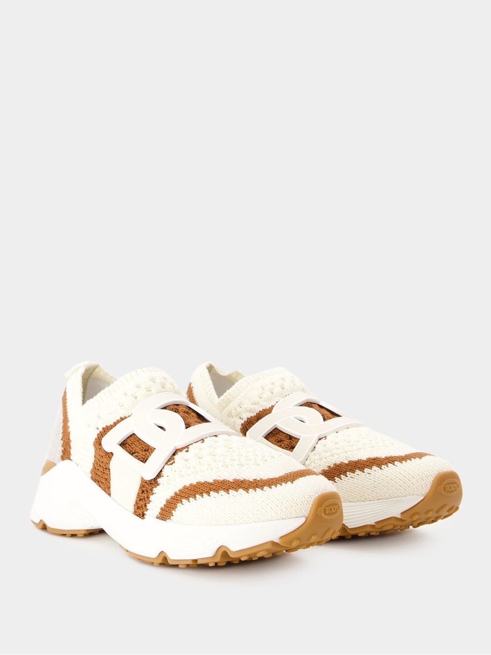 Tod's Cream and Brown Knit Slip-On Sneakers with White Buckle